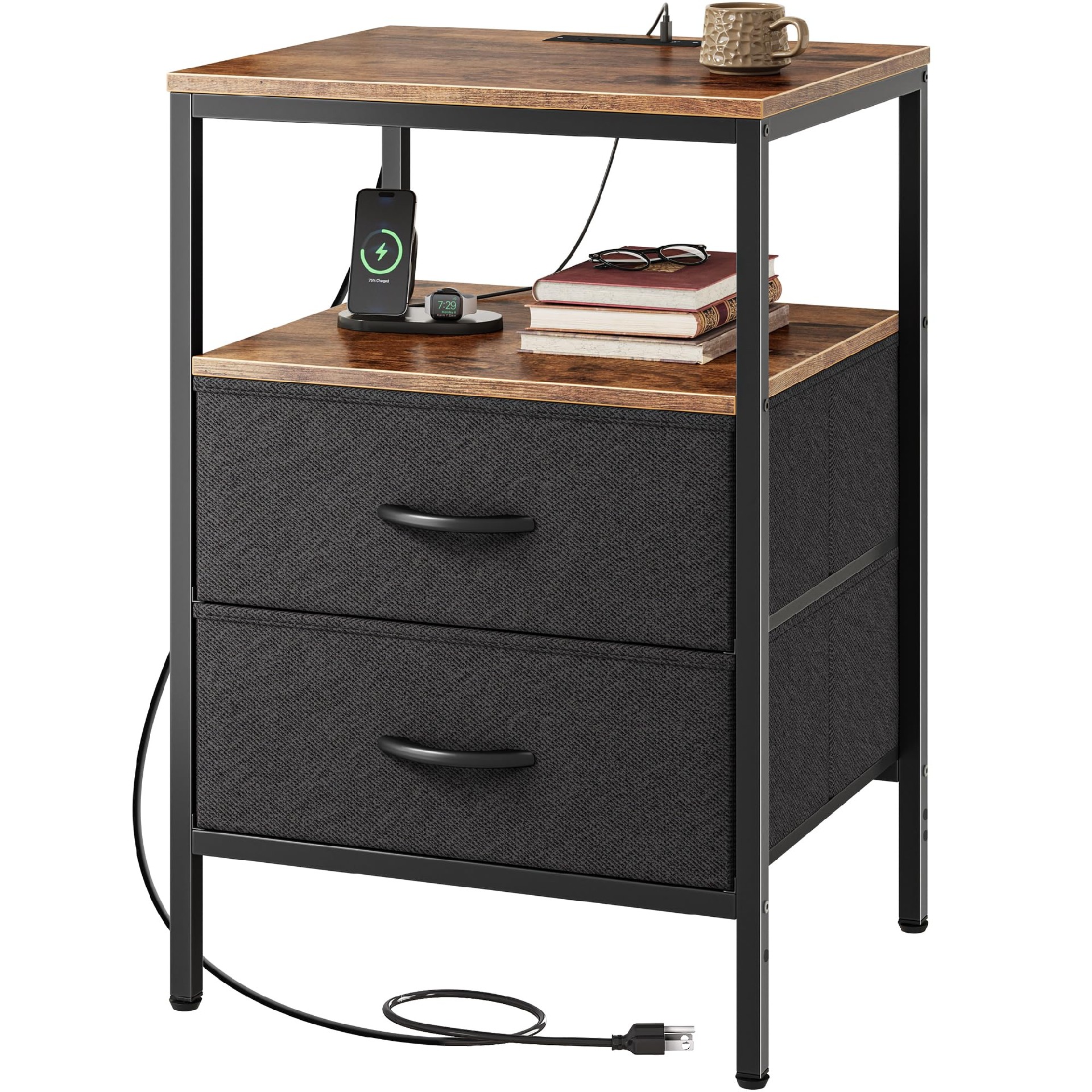 Nightstand with Charging Station, Side Table with Fabric Drawers, End Table with Open Shelf