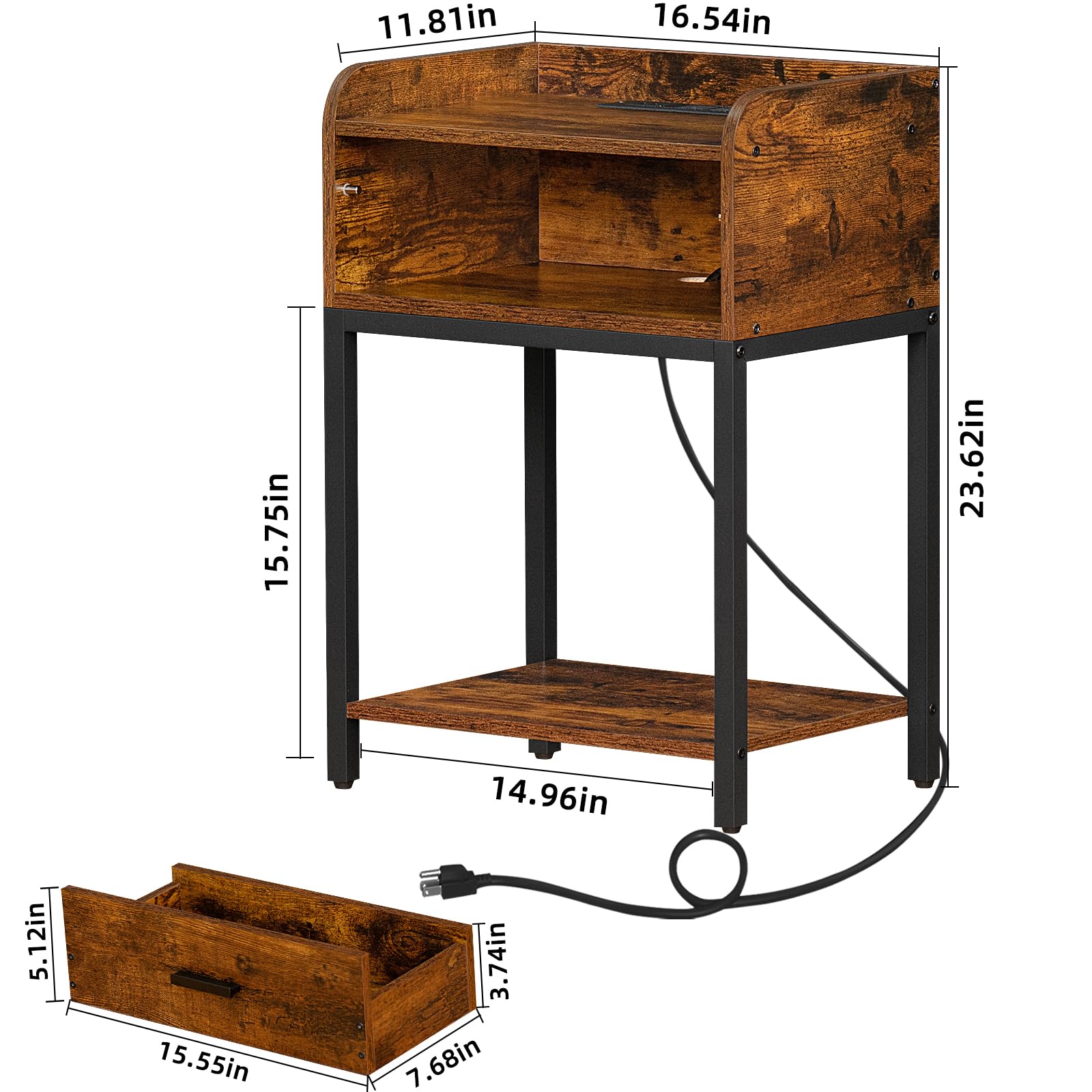 Nightstand with Charging Station, Night Stand with 2 Outlets and 2 USB Ports