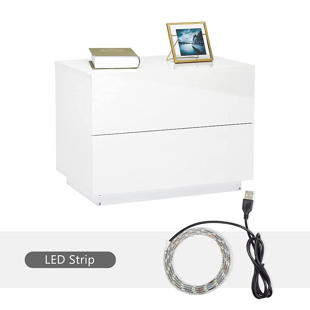 Bedside Table, LED High Gloss Bedside Table with 2 Drawers